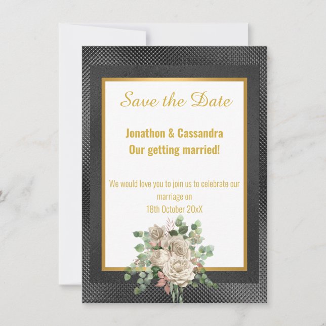 BLACK EMBOSSED LAYER ROSE EUCALYPTUS SAVE THE DATE (Front)