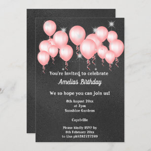 BLACK EMBOSSED METAL PINK BALLOON BIRTHDAY PARTY INVITATION