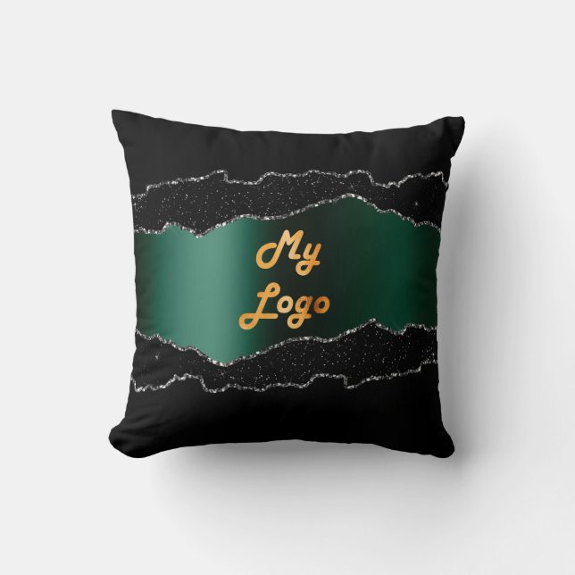 Black emerald agate marble name business logo cushion (Front)