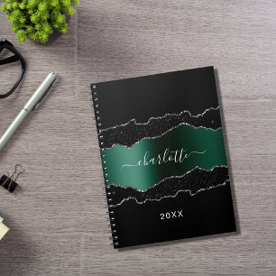 Black emerald green agate marble glitter name notebook