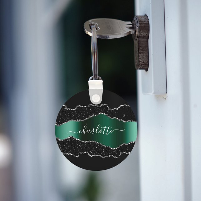 Black emerald green agate marble name script key ring (Creator Uploaded)