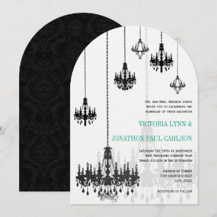 Black Emerald Green Damask Chandeliers Wedding Invitation
