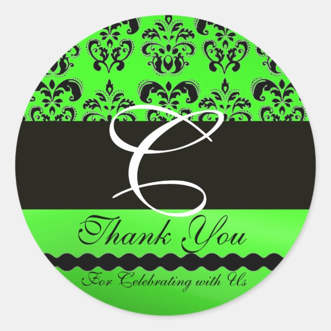 BLACK EMERALD GREEN DAMASK MONOGRAM Thank You Classic Round Sticker (Front)