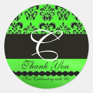 BLACK EMERALD GREEN DAMASK MONOGRAM Thank You Classic Round Sticker