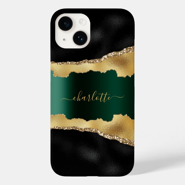 Black emerald green gold agate marble name script  Case-Mate iPhone case (Back)