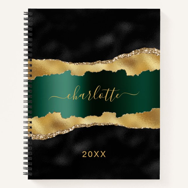 Black emerald green gold agate marble name script notebook (Front)