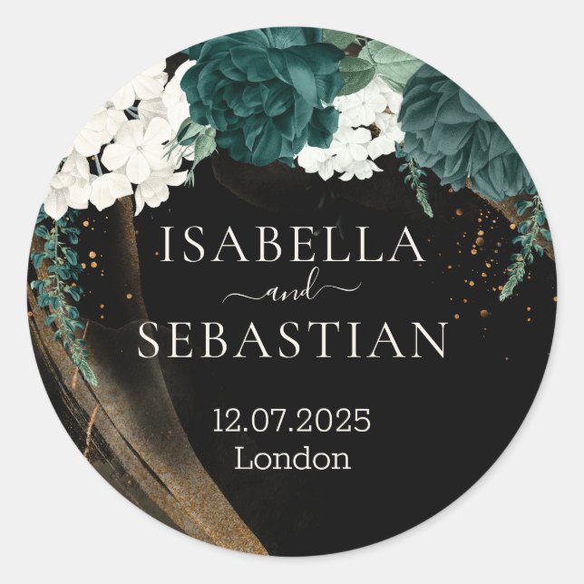 Black Emerald Green Rose Floral Wedding Classic Round Sticker (Front)