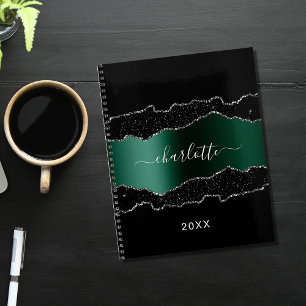 Black emerald green silver agate marble 2026 planner