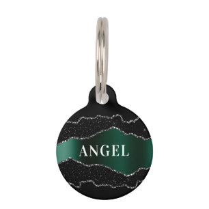 Black emerald green silver agate marble glitter pet tag