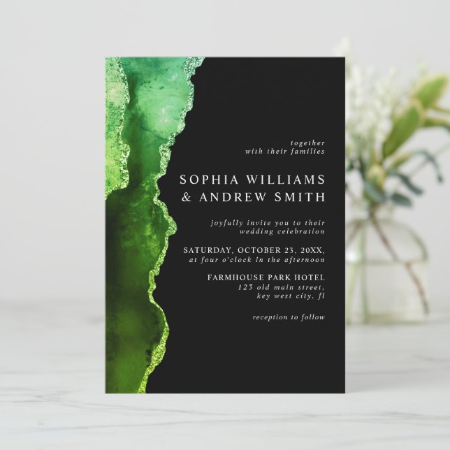 Black & Emerald Green Wedding Invitation (Standing Front)