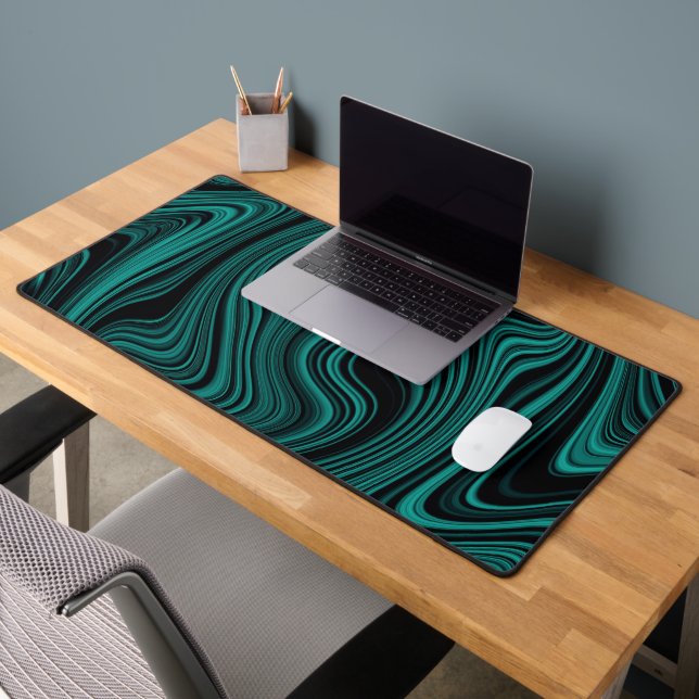Black & Emerald Wavy Abstraction Desk Mat (Office 2)