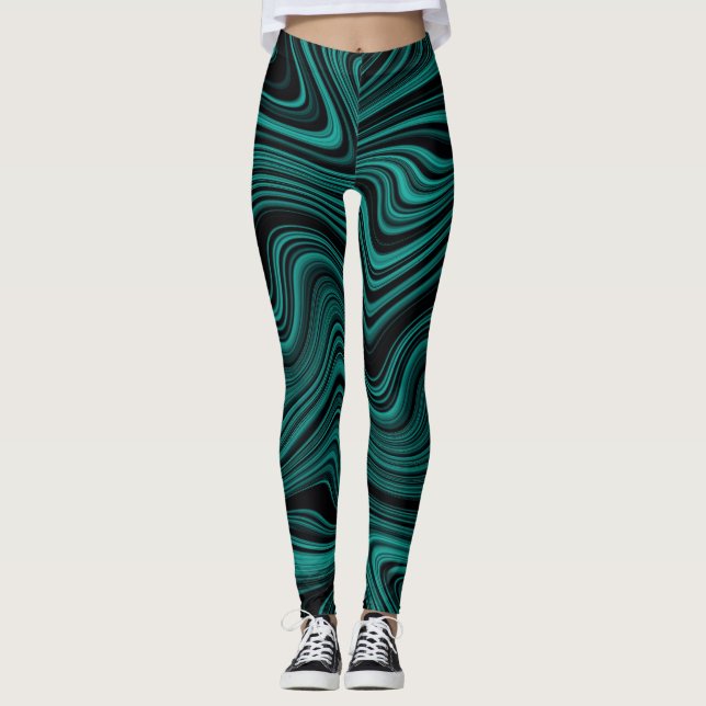 Black & Emerald Wavy Abstraction Leggings (Front)