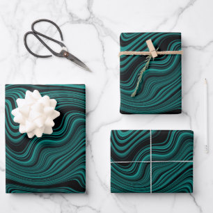 Black & Emerald Wavy Abstraction Wrapping Paper Sheet
