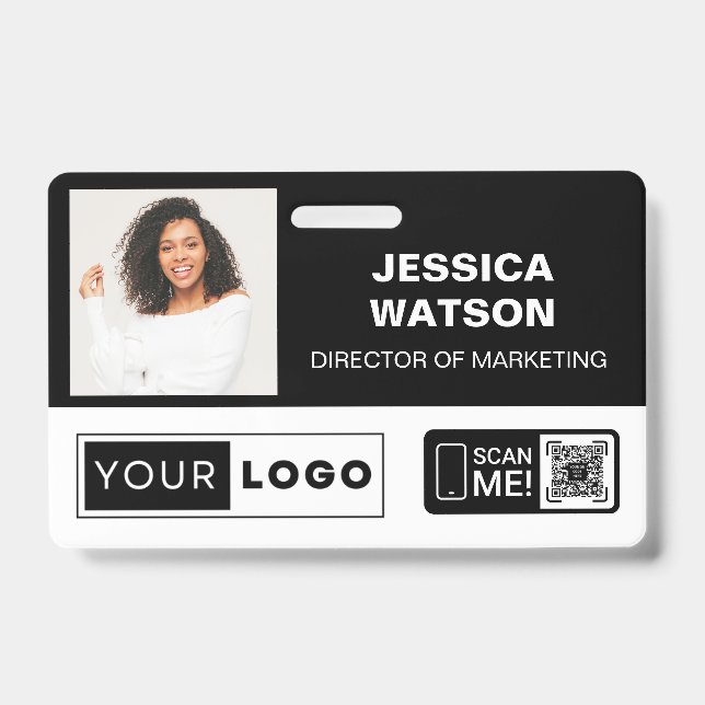 Black Employee Name Badge with Logo and QR Code ID Badge (Front)