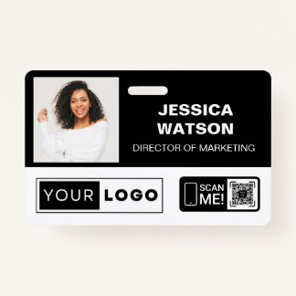 Black Employee Name Badge with Logo and QR Code ID Badge