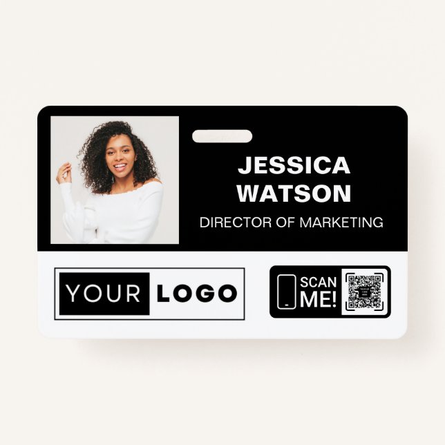 Black Employee Name Badge with Logo and QR Code ID Badge (Front)