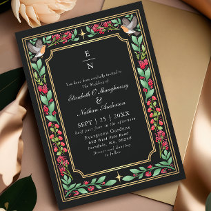 Black Enchanting Botanical Floral Garden Wedding Invitation
