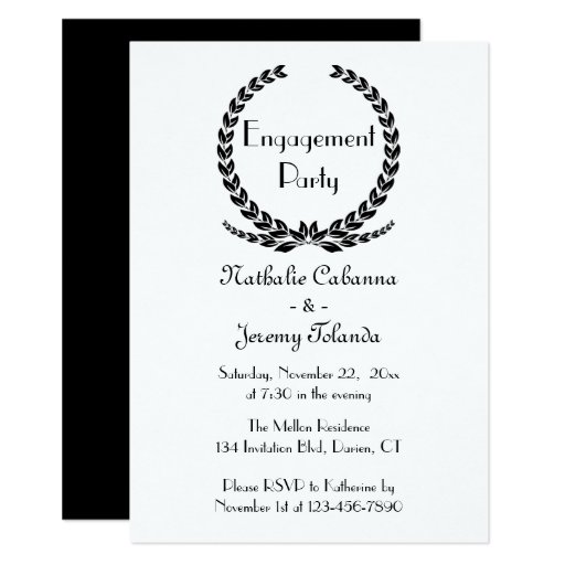 Image of Black Engagement Party Laurel Leaf Wreath Floral Invitation