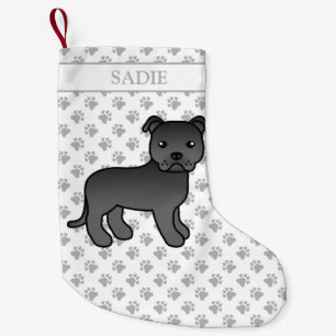 Black English Staffie Cute Cartoon Dog & Name Small Christmas Stocking