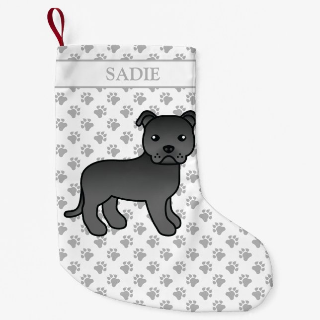 Black English Staffie Cute Cartoon Dog & Name Small Christmas Stocking (Front)