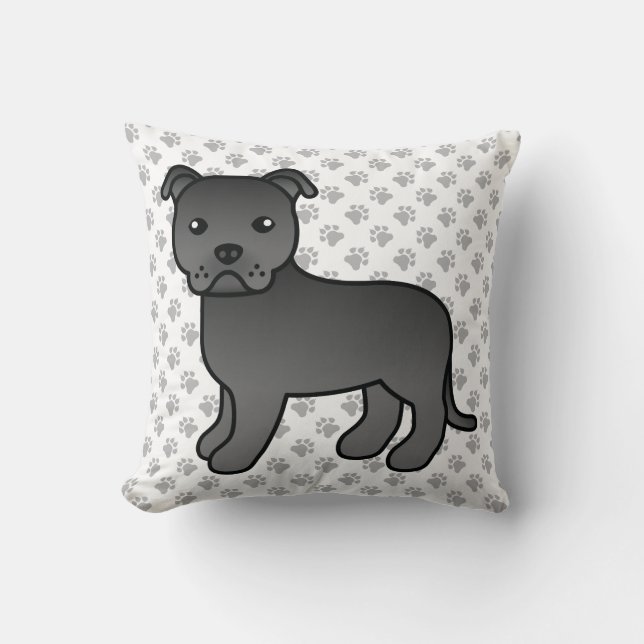 Black English Staffie Cute Cartoon Dog & Paws Cushion (Front)