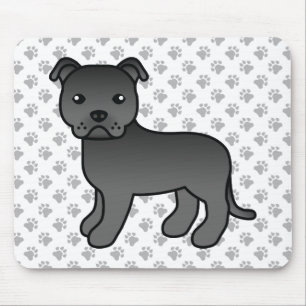 Black English Staffie Cute Cartoon Dog & Paws Mouse Mat