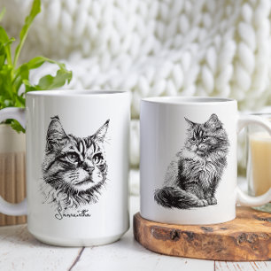 Black Engraved Cat Head Sketch Art  Coffee Mug