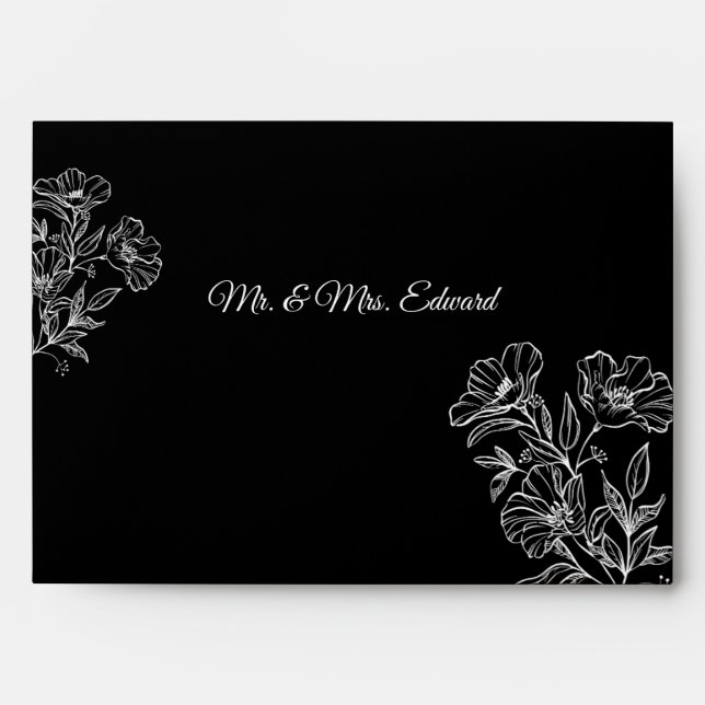 Black Envelope with White Botanical Line Art (Front)