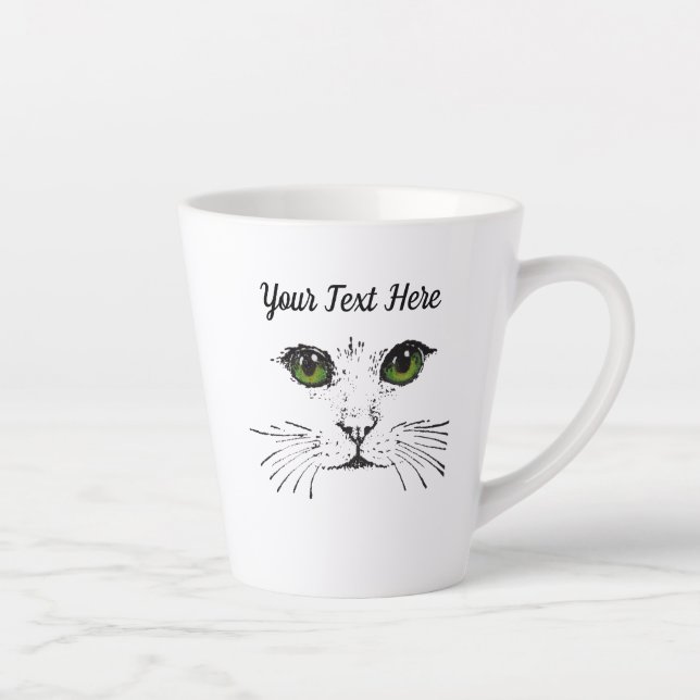Black Etched Drawing Cat Face Green Eyes Latte Mug (Right)