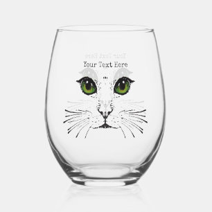 Black Etching Face of Cat Green Eyes Whiskers Stemless Wine Glass