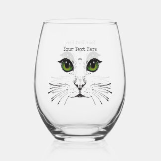 Black Etching Face of Cat Green Eyes Whiskers Stemless Wine Glass