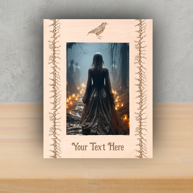 Black Etching of Black Crow Barbed Branches Gothic Etched Frames (Black etched crow barged branches on wood picture frame.)