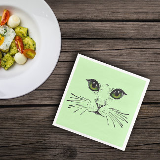 Black Etching of the Face of Cat Green Eyes Napkin