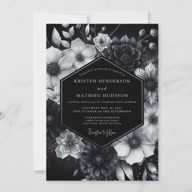 Black Ethereal Bloom Wedding Invitation (Front)