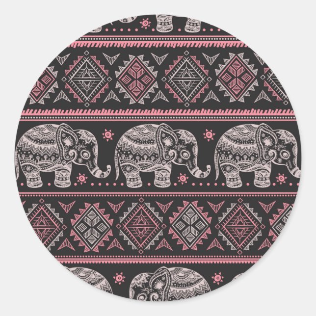 Black Ethnic Elephant Pattern Classic Round Sticker (Front)