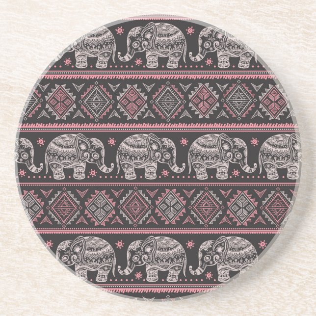 Black Ethnic Elephant Pattern Coaster (Front)