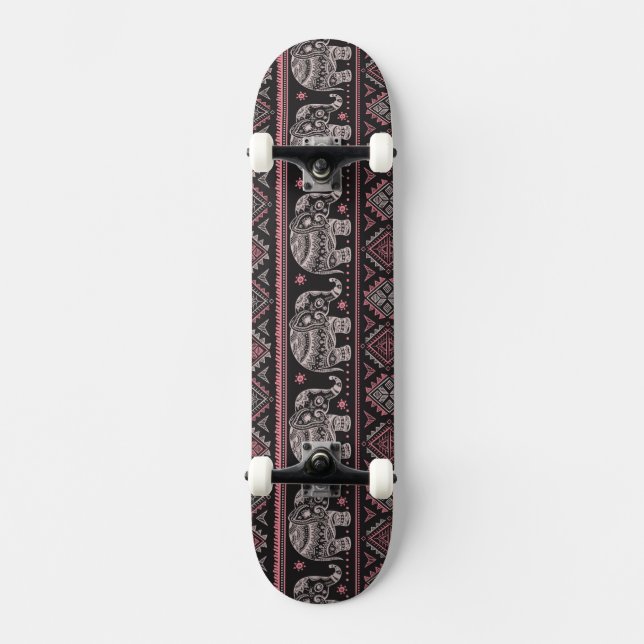 Black Ethnic Elephant Pattern Skateboard (Front)