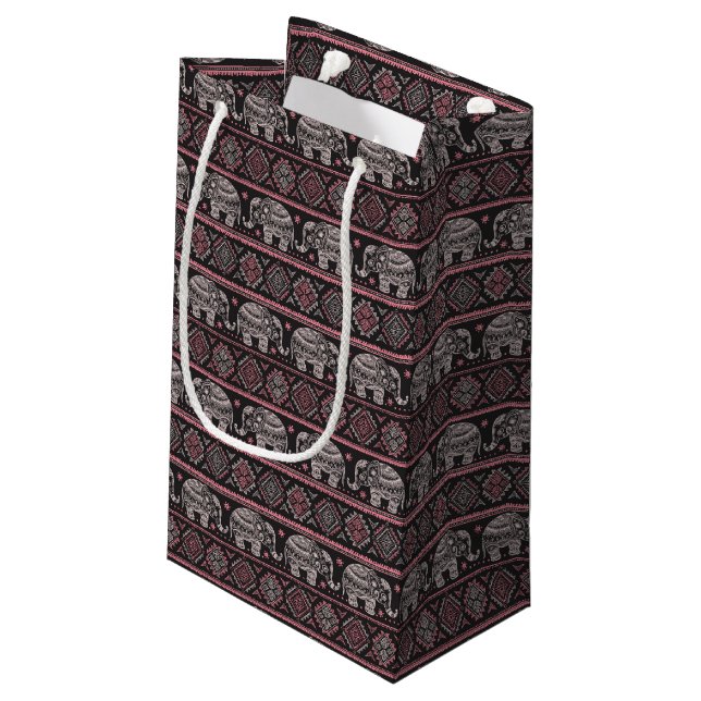 Black Ethnic Elephant Pattern Small Gift Bag (Back Angled)