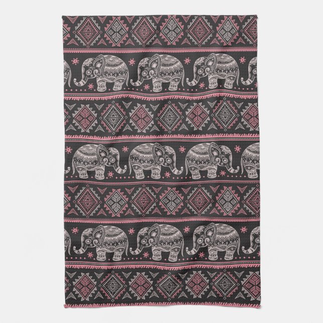 Black Ethnic Elephant Pattern Tea Towel (Vertical)