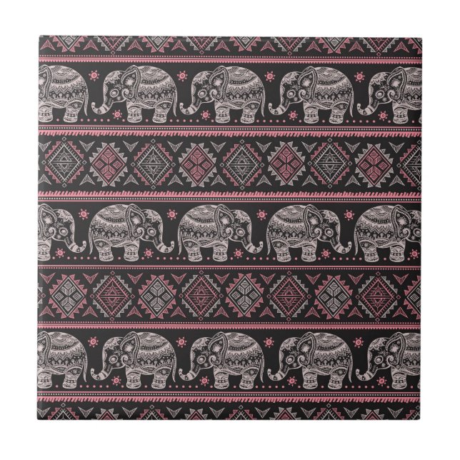 Black Ethnic Elephant Pattern Tile (Front)