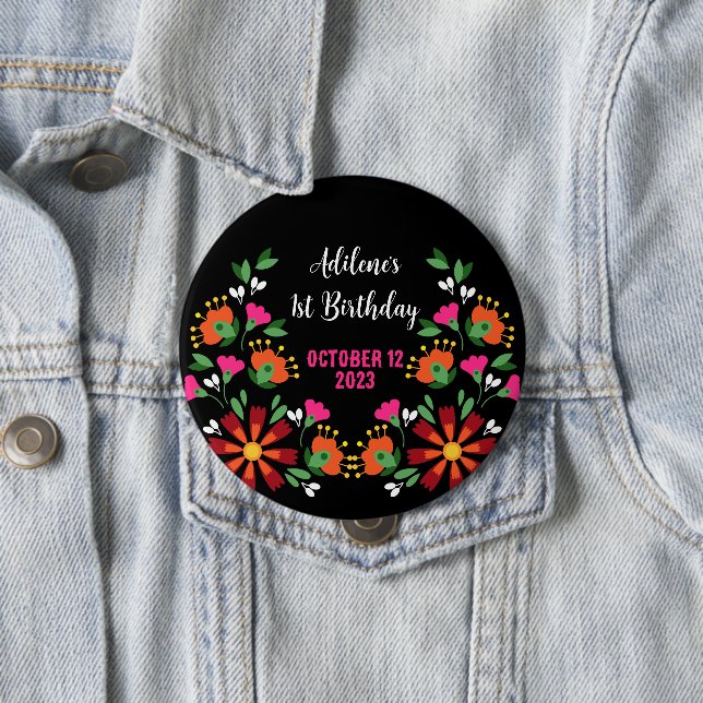 Black Ethnic Flower Fiesta Mexican Embroidery  10 Cm Round Badge (In Situ)
