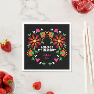 Black Ethnic Flower Fiesta Mexican Embroidery Napkin
