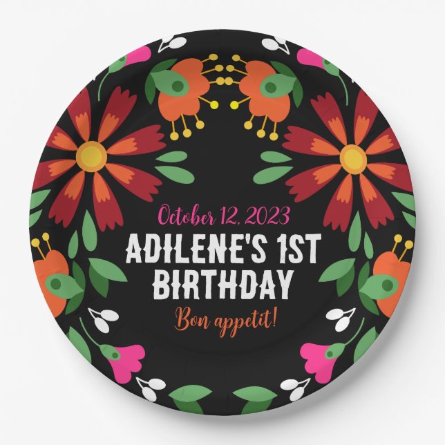 Black Ethnic Flower Fiesta Mexican Embroidery  Paper Plate (Front)