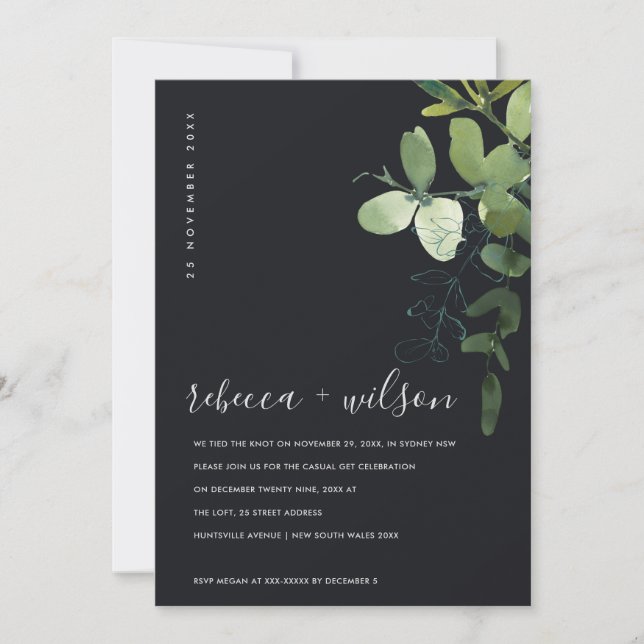 BLACK EUCALYPTUS FOLIAGE WE TIED THE KNOT INVITE (Front)