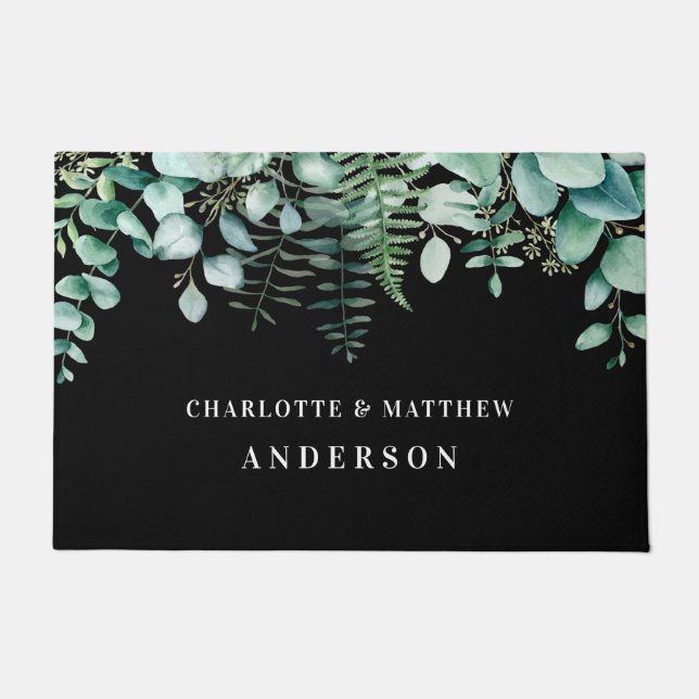 Black eucalyptus greenery elegant names doormat (Front)