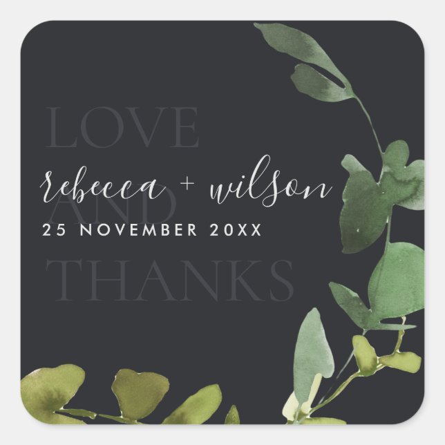 BLACK EUCALYPTUS WATERCOLOR LOVE AND THANK WEDDING SQUARE STICKER (Front)
