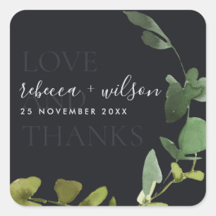 BLACK EUCALYPTUS WATERCOLOR LOVE AND THANK WEDDING SQUARE STICKER