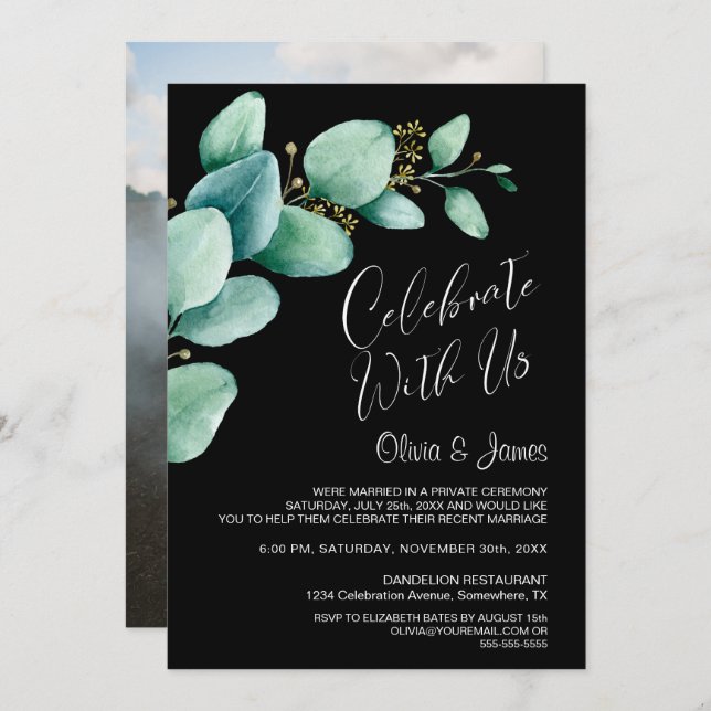 Black Eucalyptus Wedding Reception Invitation (Front/Back)