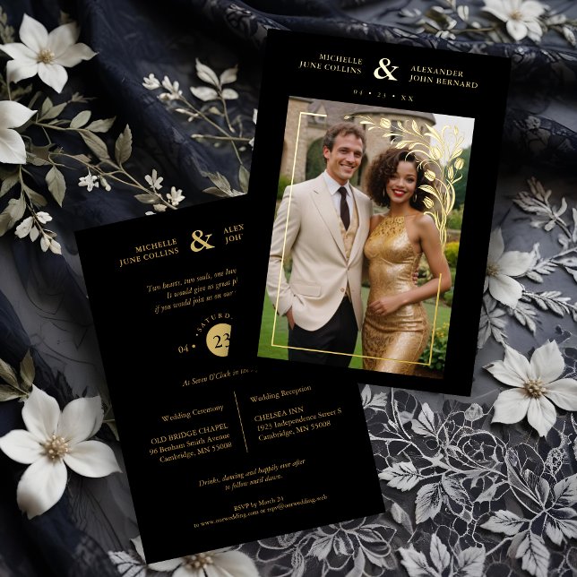 Black Exquisite Ornate Tulips Frame Photo Wedding  (Black Exquisite Ornate Tulips Frame Photo Wedding Golden metallic Foil Invitations Cards.)