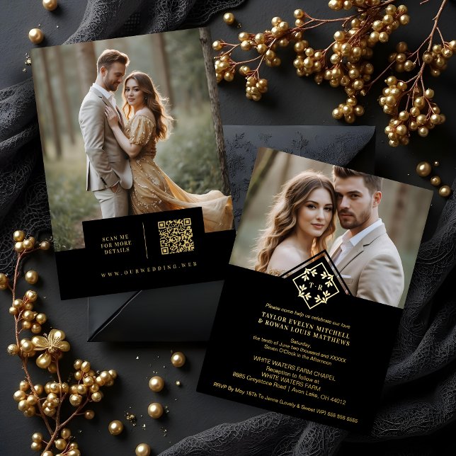 Black Exquisite Simple Wedding Botanical Monogram (White Exquisite Minimalist Wedding Design Botanical Monogram and Initials Metallic Foil Gold Cards.)